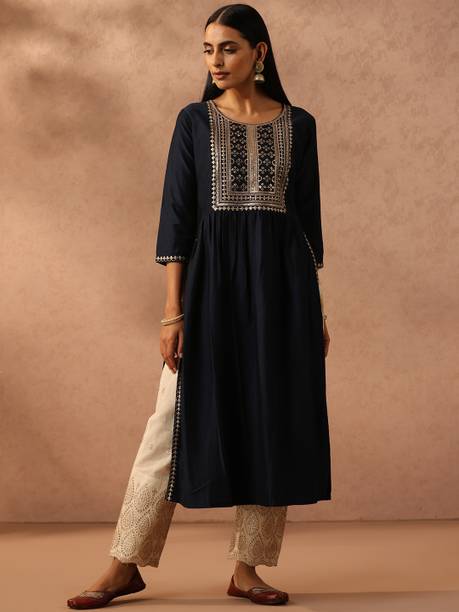 Women Embroidered Silk Blend A-line Kurta