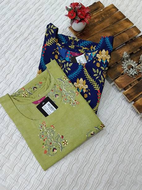Pack of 2 Women Printed, Floral Print Cotton Blend Straight Kurta
