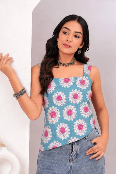 Casual Sleeveless Floral Print, Printed Women Multicolor Top