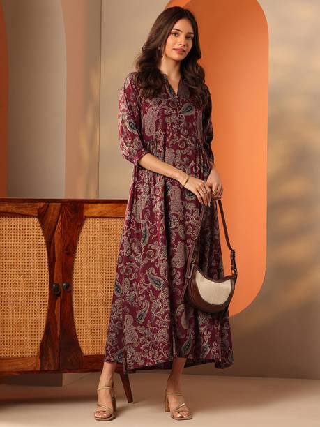 LIBAS Printed Viscose Rayon Flared Kurta for Women Maroon