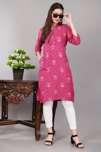 Avaasa Buy Shruthi Women Floral Print Viscose Rayon Straight Kurta (Pink, Gold)
