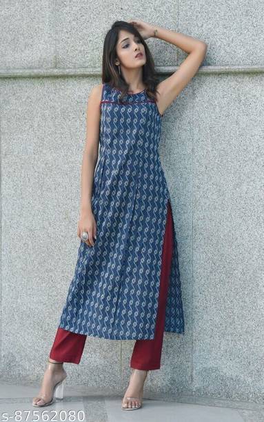 SHIV ALI APPARELS Women Printed Cotton Blend Straight Kurta (Blue