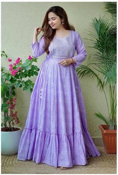 Daizen Women Printed Viscose Rayon Anarkali Kurta (Purple)