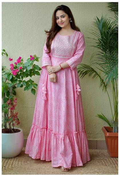 Daizen Women Printed Viscose Rayon Anarkali Kurta (Pink)