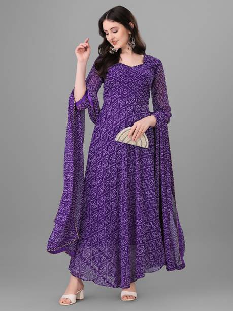 Women Bandhani Georgette Anarkali Kurta With Attached Dupatta