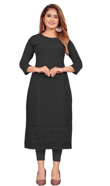 KAYRAAH Women Chikan Embroidery Georgette Straight Kurta (Black)
