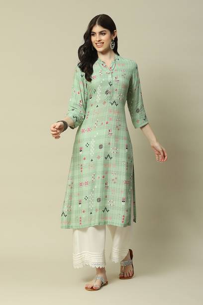 RANGRITI Printed Viscose Rayon Straight Kurta for Women Green