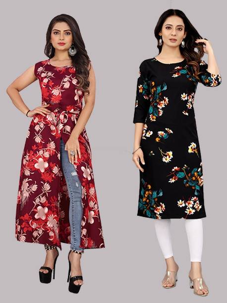Pack of 2 Women Floral Print Crepe Frontslit Kurta Price in India