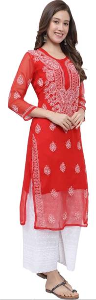 CHIKANKARI BY KK Women Chikan Embroidery Straight Kurta