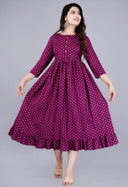 Women Floral Print Cotton Rayon Anarkali Kurta