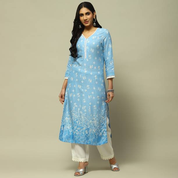RANGRITI Printed Viscose Rayon Straight Kurta for Women Blue