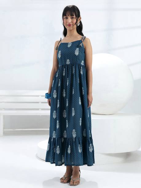 LIBAS Printed Cotton Blend Flared Kurta for Women Blue