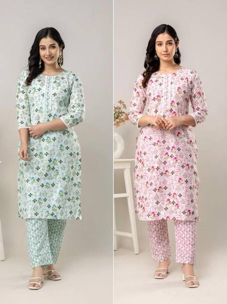 Pack of 2 Floral Print Cotton Blend A-line Kurta for Women