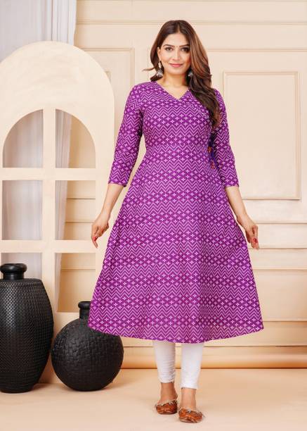 VANKAR Women Printed Pure Cotton Flared Kurta (Purple)