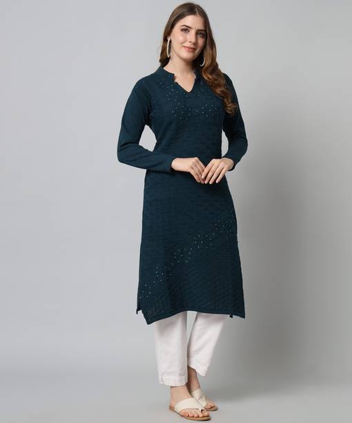 BUDAPEST Women Self Design Wool Straight Kurta (Blue)