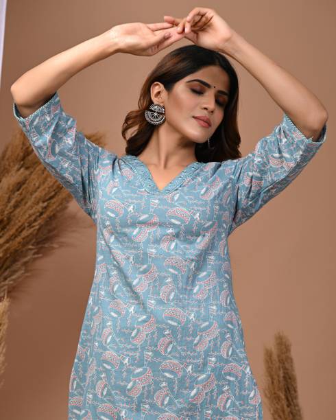 Rimeline Fashion Women Printed, Embroidered Pure Cotton Straight