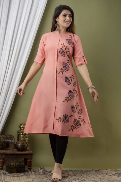 Zivapez Women Floral Print Pure Cotton Frontslit Kurta (Pink)