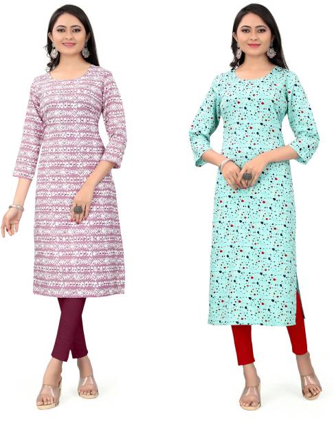 Pack of 2 Women Printed Polyester Straight Kurta Price in India