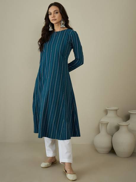 Woven Design Cotton Blend A-line Kurta for Women