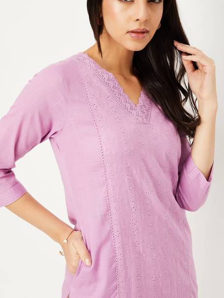 max Women Embroidered Cotton Blend Straight Kurta (Purple)
