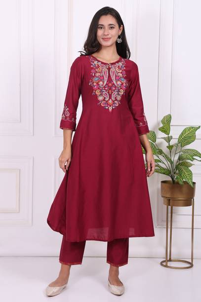 Embroidered Viscose Rayon Flared Kurta for Women