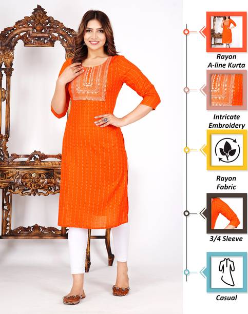MK ART WITH DEVICE Women Embroidered, Printed Viscose Rayon A-line Kurta (Orange)