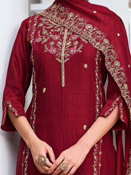 Pack of 3 Embroidered Silk Blend Straight Kurta for Women With Attached Dupatta