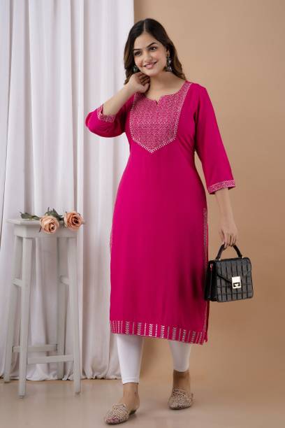 his&her Women Embroidered Viscose Rayon Straight Kurta (Pink)