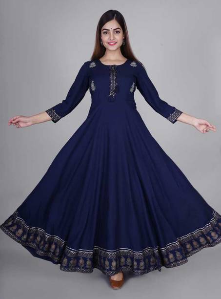 GUNGUN Women Embroidered Viscose Rayon Anarkali Kurta (Blue)