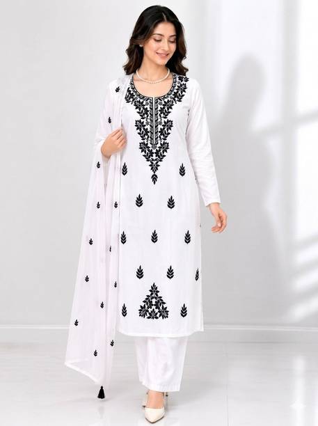 Embroidered Pure Cotton Straight Kurta for Women With Attached Dupatta