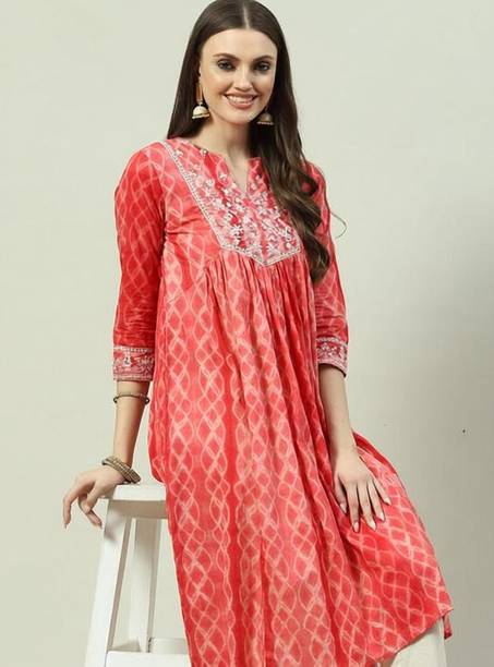 Embroidered Cotton Blend Flared Kurta for Women
