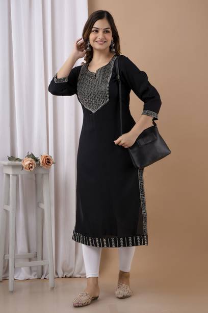 his&her Women Embroidered Viscose Rayon Straight Kurta (Black)