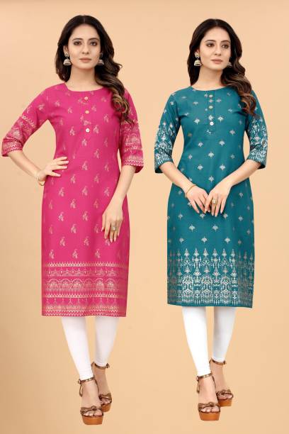 Pack of 2 Women Printed Cotton Blend Straight Kurta Price in India
