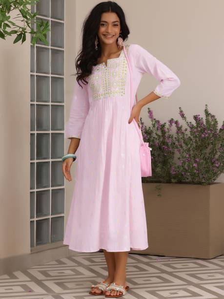 LIBAS Self Design Cotton Blend A-line Kurta for Women Pink