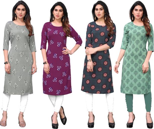 Pack of 4 Women Printed Crepe Straight Kurta Price in India