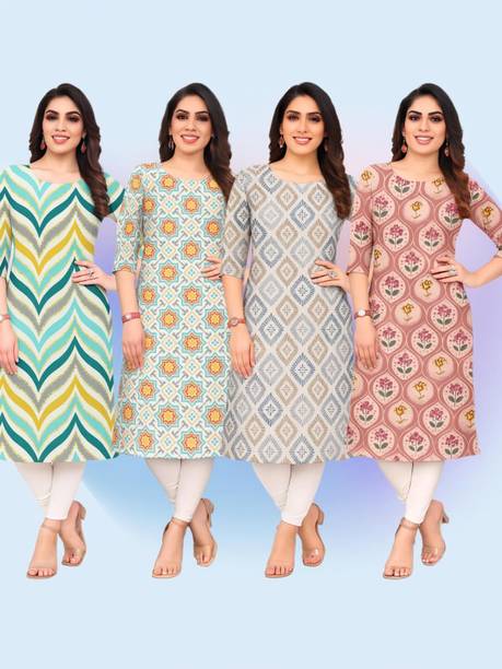 Pack of 4 Women Geometric Print, Floral Print, Printed Crepe Straight Kurta