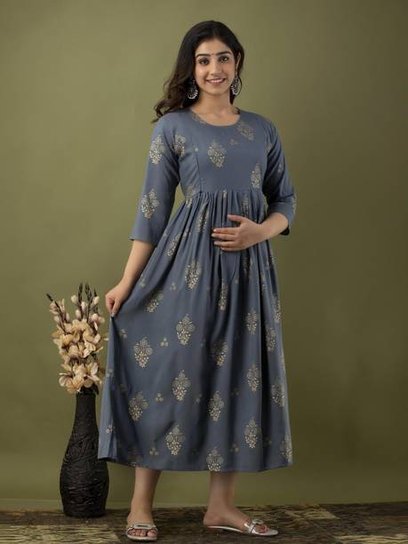 Women Gown Grey, Gold Midi/Calf Length Dress