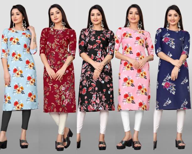 Pack of 5 Women Floral Print Crepe Straight Kurta Price in India