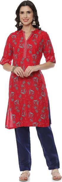 RANGRITI Printed Viscose Rayon Straight Kurta for Women Red