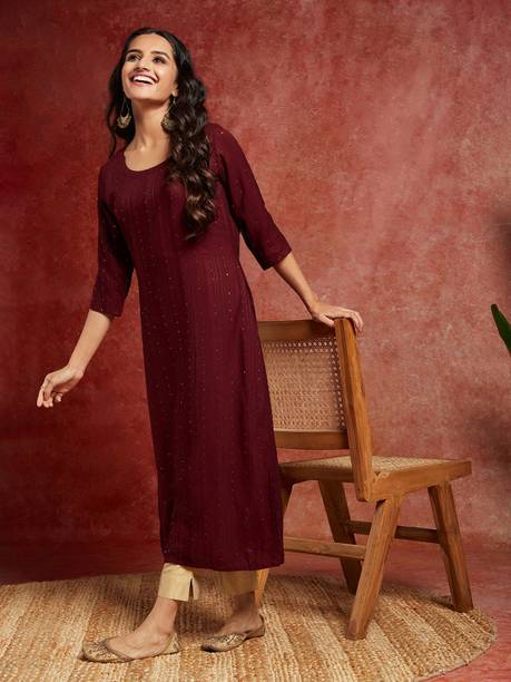 LIBAS Women Woven Design Viscose Rayon Straight Kurta (Maroon)