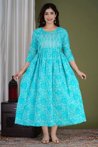 Tulsiram Women Printed Pure Cotton Anarkali Kurta (Light Green, W