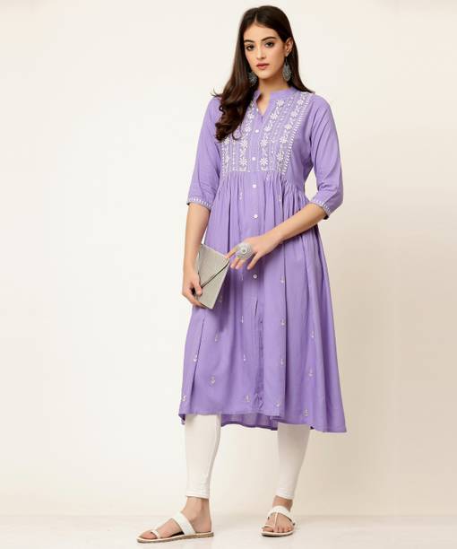 Women Chikan Embroidery Cotton Rayon Flared Kurta