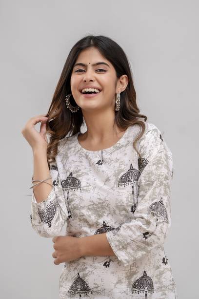Surhi Women Printed Pure Cotton Straight Kurta (White)