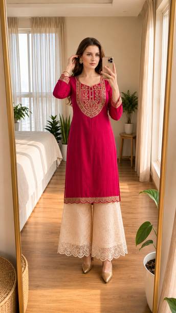 Women Embroidered, Solid, Woven Design Viscose Rayon, Lace Straight Kurta
