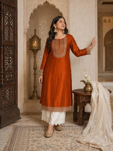 Women Embroidered Silk Blend A-line Kurta