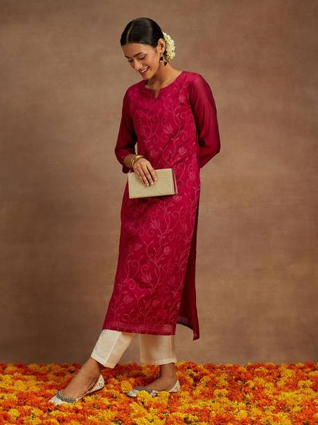 LIBAS Women Embroidered Silk Blend Straight Kurta (Pink)
