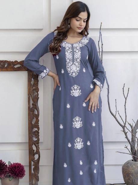 Embroidered Cotton Blend Straight Kurta for Women