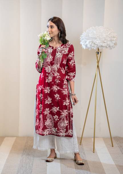Gosriki Women Chikan Embroidery Viscose Rayon Straight Kurta