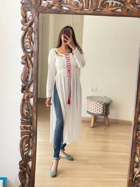 Women Embroidered Cotton Rayon Trail Cut Kurta Price in India