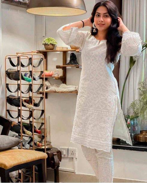 Women Chikan Embroidery Pure Cotton Straight Kurta Price in India